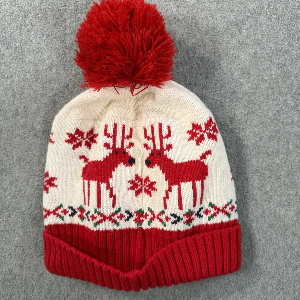 Hanna Andersson Knit Pom Pom Hat Small 1-3 Yrs Reindeer Christmas Fair Isle Red